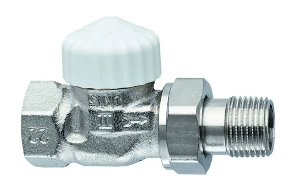 Thermostat-Ventilunterteil aus Metall mit einer weißen Abschlusskappe und einem Außengewinde. Hergestellt von IMI Hydronic Engineering, geeignet für Heizungsanwendungen.